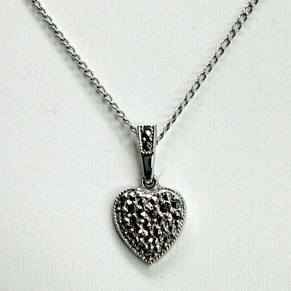 Sterling‎ Silver Marcasite Heart Necklace Pavé Pendant Minimalist Feminine